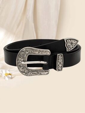 Black Western Buckle Belt with Engraved Silver Hardware